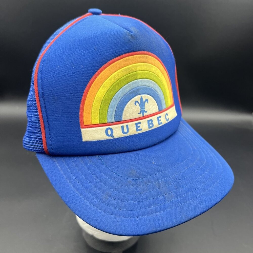 Vintage Rainbow Quebec Canada Retro Snapback Trucker's Hat Cap Mesh RARE Blue